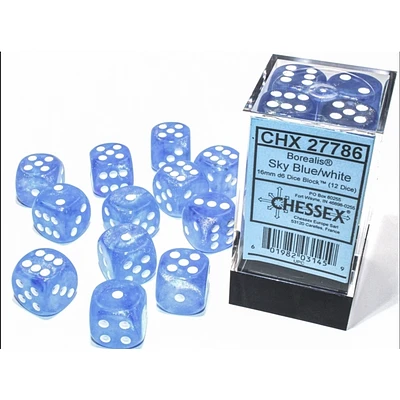 12 dés 6 16mm Borealis Luminary - Bleu Ciel avec picots blancs