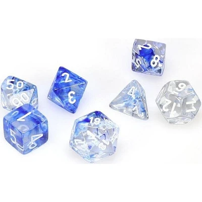 7 dés polyédriques Nebula bleu foncé avec chiffres blancs