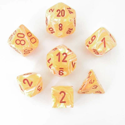 7 dés polyédriques Festive Sunburst avec chiffres rouges