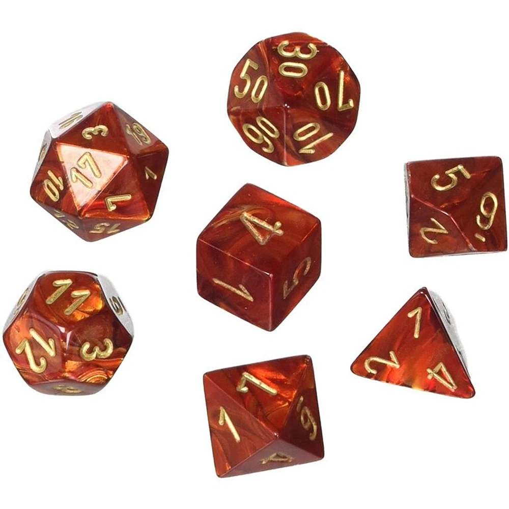 7 dés polyédriques Scarab Scarlet avec chiffres dorés