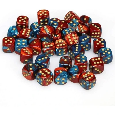 36 dés 6 12mm Gemini rouge/sarcelle avec points or