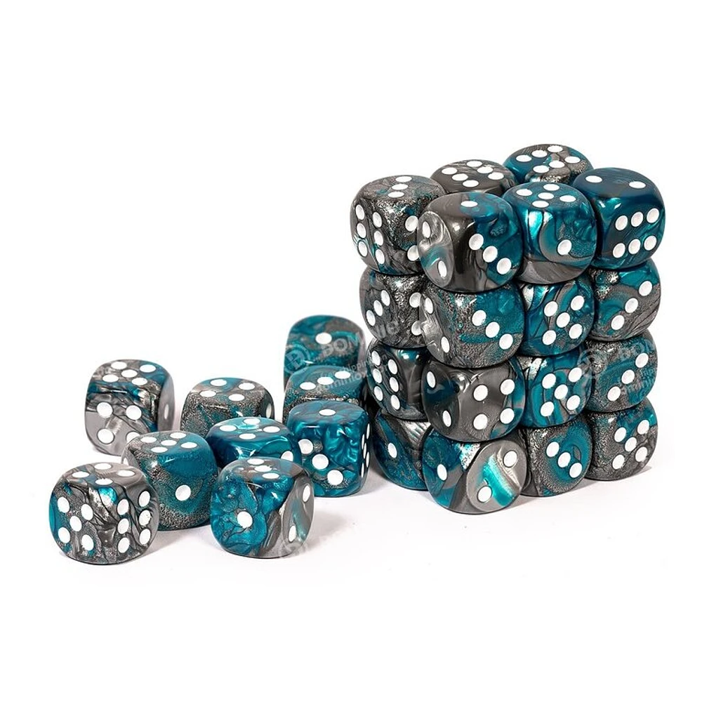 36 dés 6 12mm Gemini acier/sarcelle avec points blancs