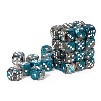 36 dés 6 12mm Gemini acier/sarcelle avec points blancs