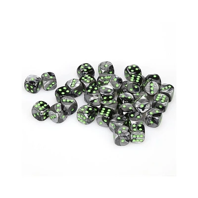 36 dés 6 12mm Gemini noir/gris avec points verts