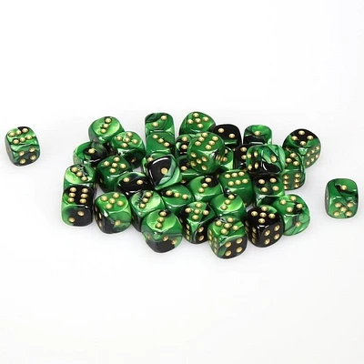 36 dés 6 12mm Gemini noir/vert avec points dorés