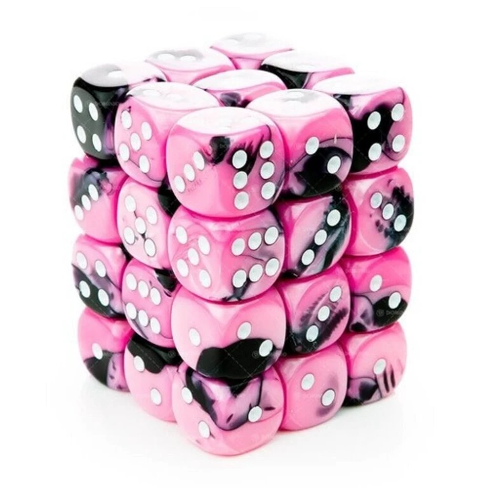 36 dés 6 12mm Gemini noir/rose avec points blancs