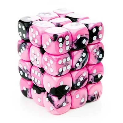36 dés 6 12mm Gemini noir/rose avec points blancs