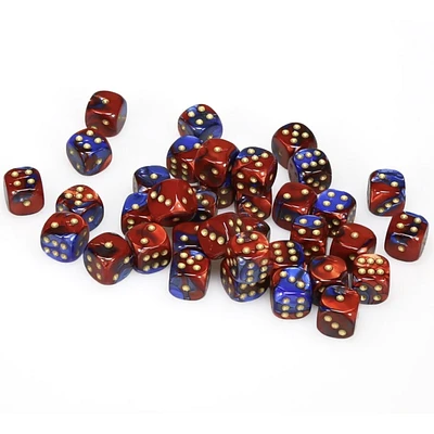 36 dés 6 12mm Gemini bleu/rouge avec points dorés