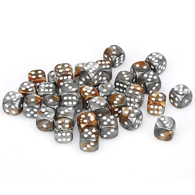 36 dés 6 12mm Gemini cuivre/acier avec points blancs