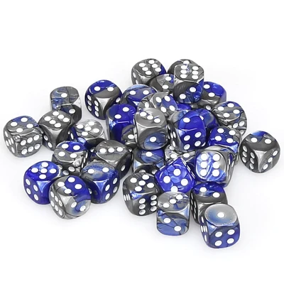 36 dés 6 12mm Gemini bleu/acier avec points blancs