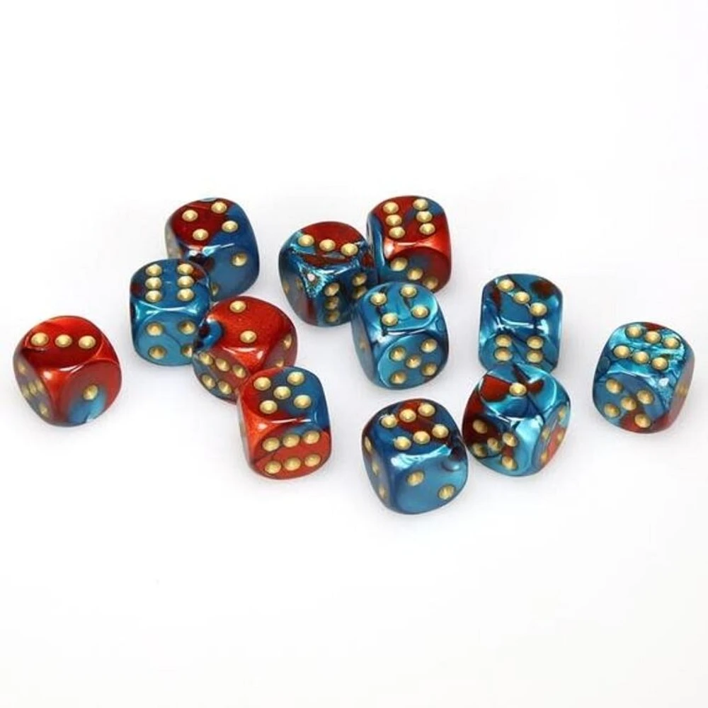 12 dés 6 16mm Gemini rouge/sarcelle avec points or