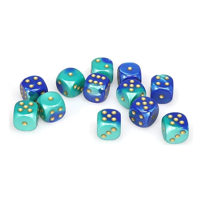 12 dés 6 16mm Gemini bleu/sarcelle avec points or