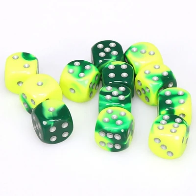 12 dés 6 16mm Gemini vert/jaune avec points argentés