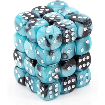 12 dés 6 16mm Gemini noir/sarcelle nacré avec points blancs