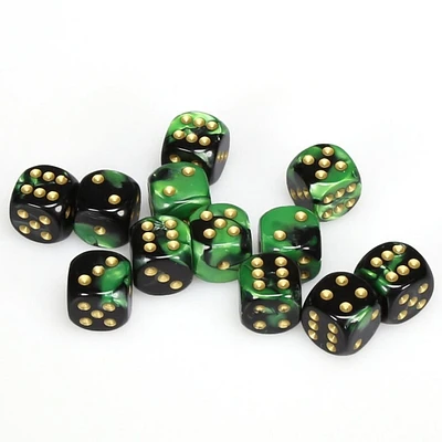 12 dés 6 16mm Gemini noir/vert avec points dorés