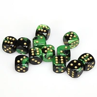 12 dés 6 16mm Gemini noir/vert avec points dorés