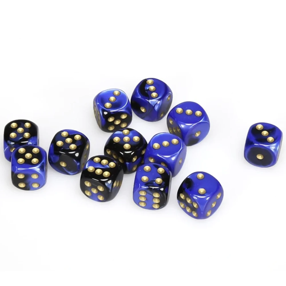 12 dés 6 16mm Gemini noir/bleu avec points dorés