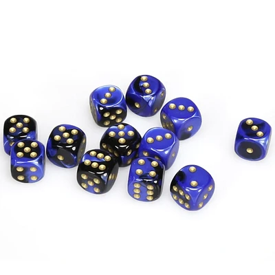 12 dés 6 16mm Gemini noir/bleu avec points dorés