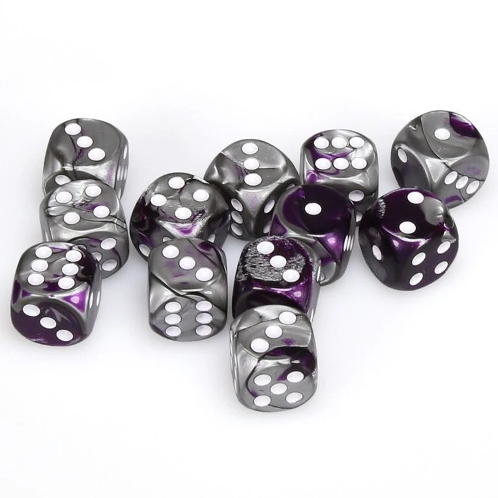 12 dés 6 16mm Gemini violet/acier avec points blancs