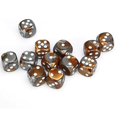 12 dés 6 16mm Gemini cuivre/acier avec points blancs