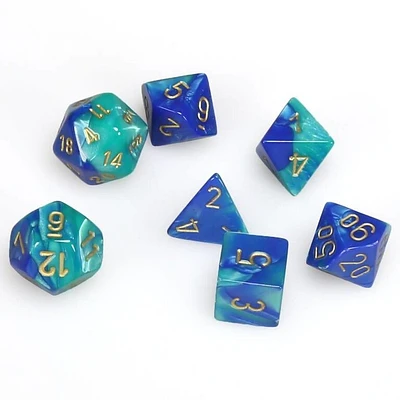 7 dés polyédriques Gemini bleu/sarcelle avec chiffres or