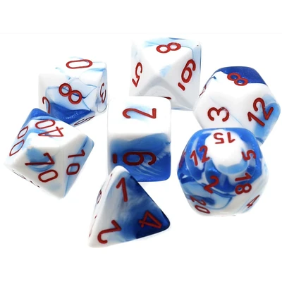 7 dés polyédriques Gemini bleu astral/blanc avec chiffres rouges