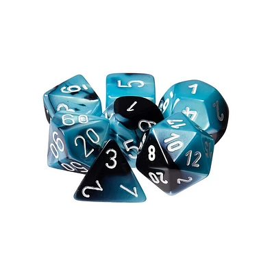 7 dés polyédriques Gemini noir/sarcelle nacré avec chiffres blancs