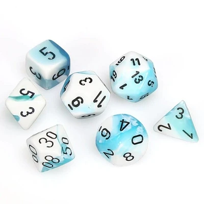 7 dés polyédriques Gemini turquoise/blanc avec chiffres noirs
