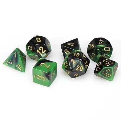 7 dés polyédriques Gemini noir/vert avec chiffres dorés