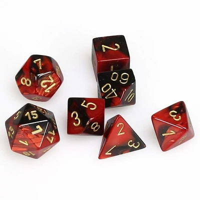 7 dés polyédriques Gemini noir/rouge avec chiffres dorés