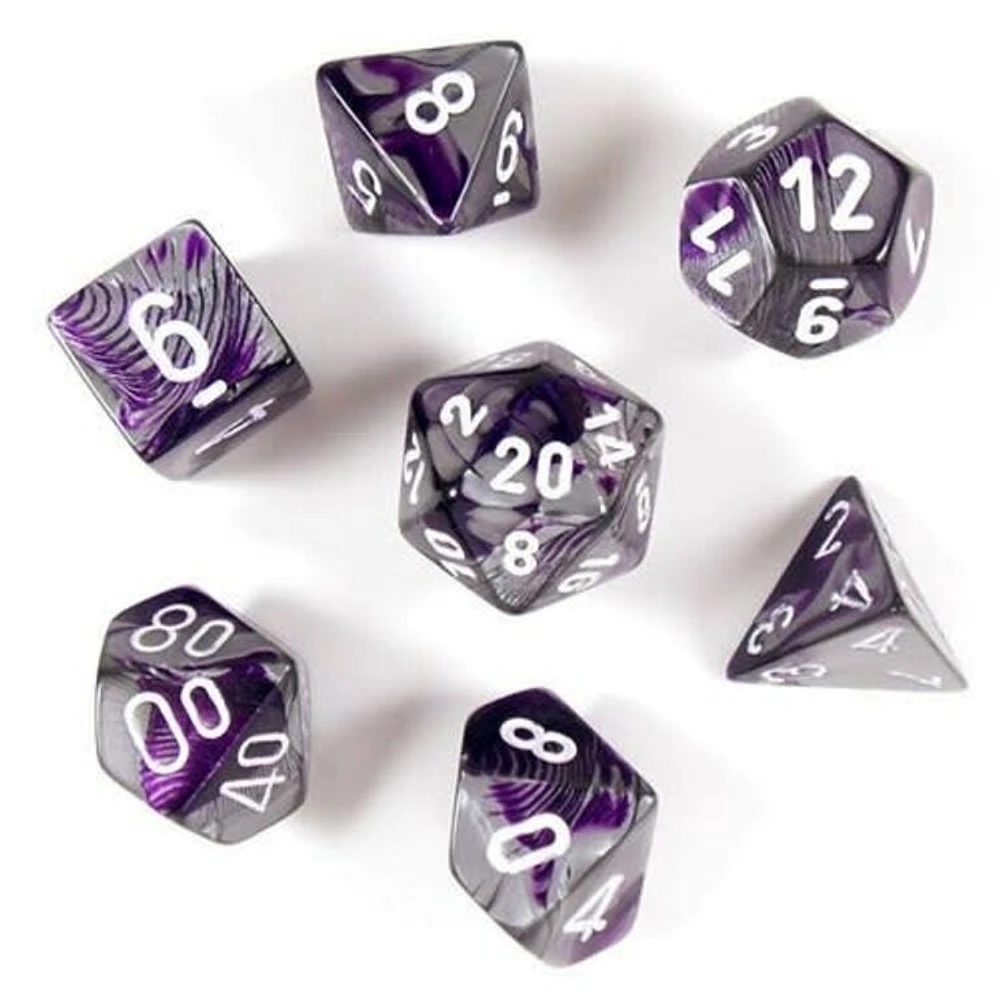 7 dés polyédriques Gemini violet/acier avec chiffres blancs