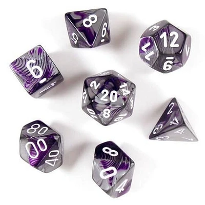 7 dés polyédriques Gemini violet/acier avec chiffres blancs