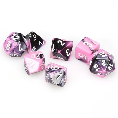 7 dés polyédriques Gemini noir/rose avec chiffres blancs