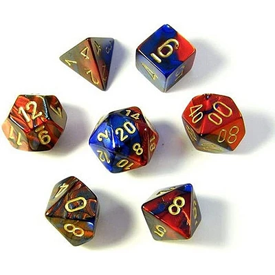 7 dés polyédriques Gemini bleu/rouge avec chiffres dorés