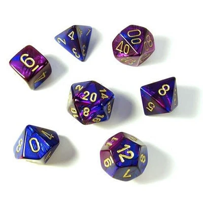 7 dés polyédriques Gemini bleu/violet avec chiffres dorés