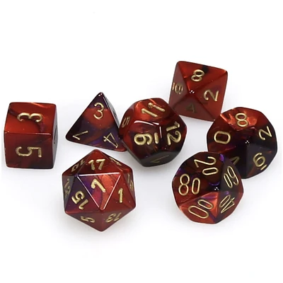 7 dés polyédriques Gemini violet/rouge avec chiffres dorés