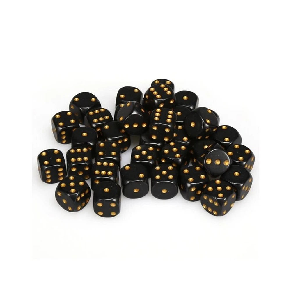 36 dés 6 12mm opaques noir avec points dorés