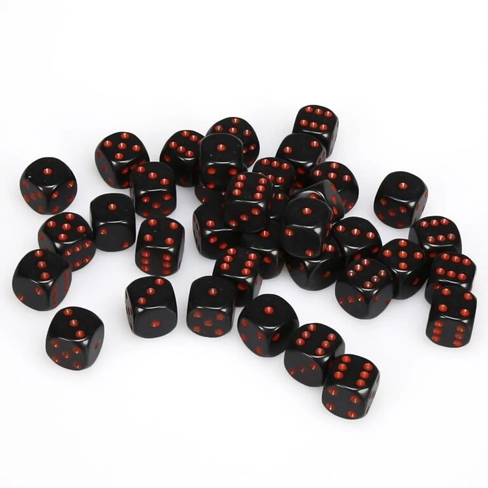 36 dés 6 12mm opaques noir avec points rouges