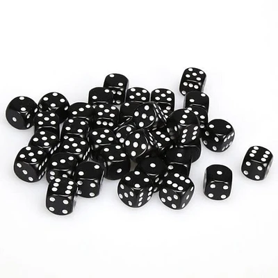 36 dés 6 12mm opaques noir avec points blancs