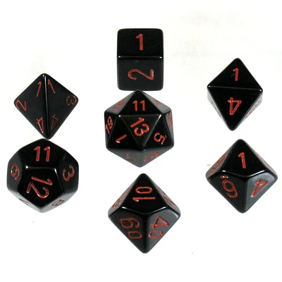 7 dés polyédriques opaques noir avec chiffres rouges