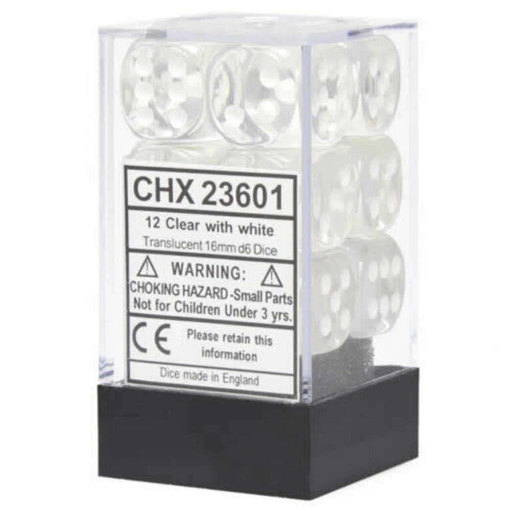 12 dés 6 16mm transparents clair avec points blancs