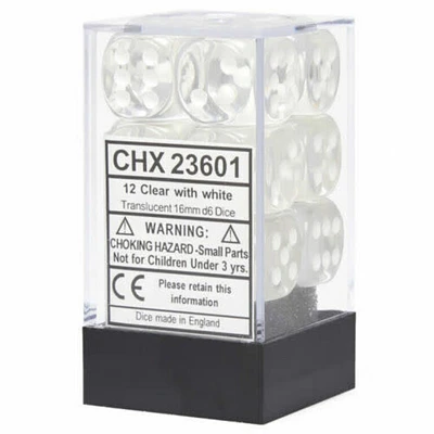12 dés 6 16mm transparents clair avec points blancs