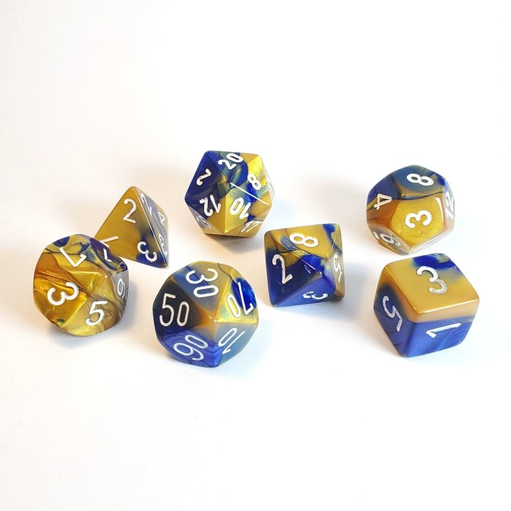 7 dés polyédriques Gemini bleu/or avec chiffres blancs