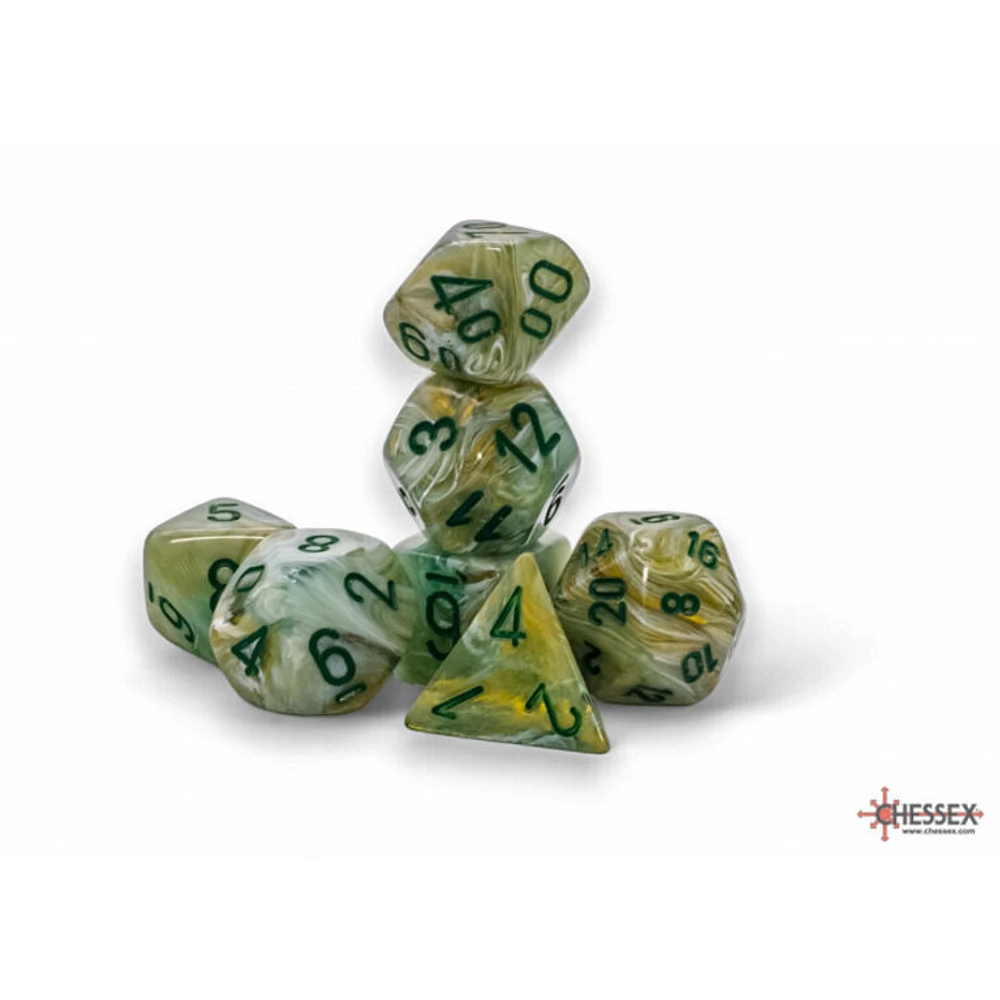 7 dés polyédriques marbrés verts avec chiffres vert foncé - Méga-Hedra