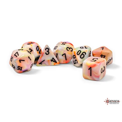 7 dés polyédriques Festive Circus avec chiffres noirs - Méga-Hedral