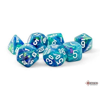 7 dés polyédriques Festive Waterlily avec chiffres blancs - Méga-Hedral