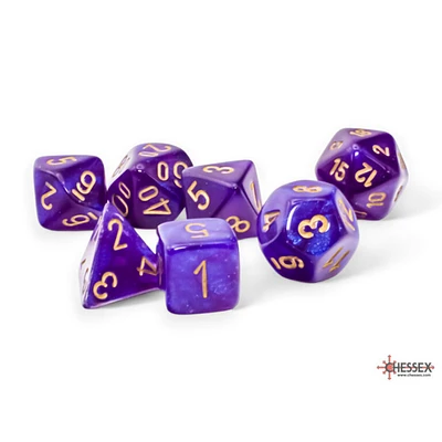 7 dés polyédriques Borealis Luminary - Violet Royal avec chiffres dorés - Méga-Hedral