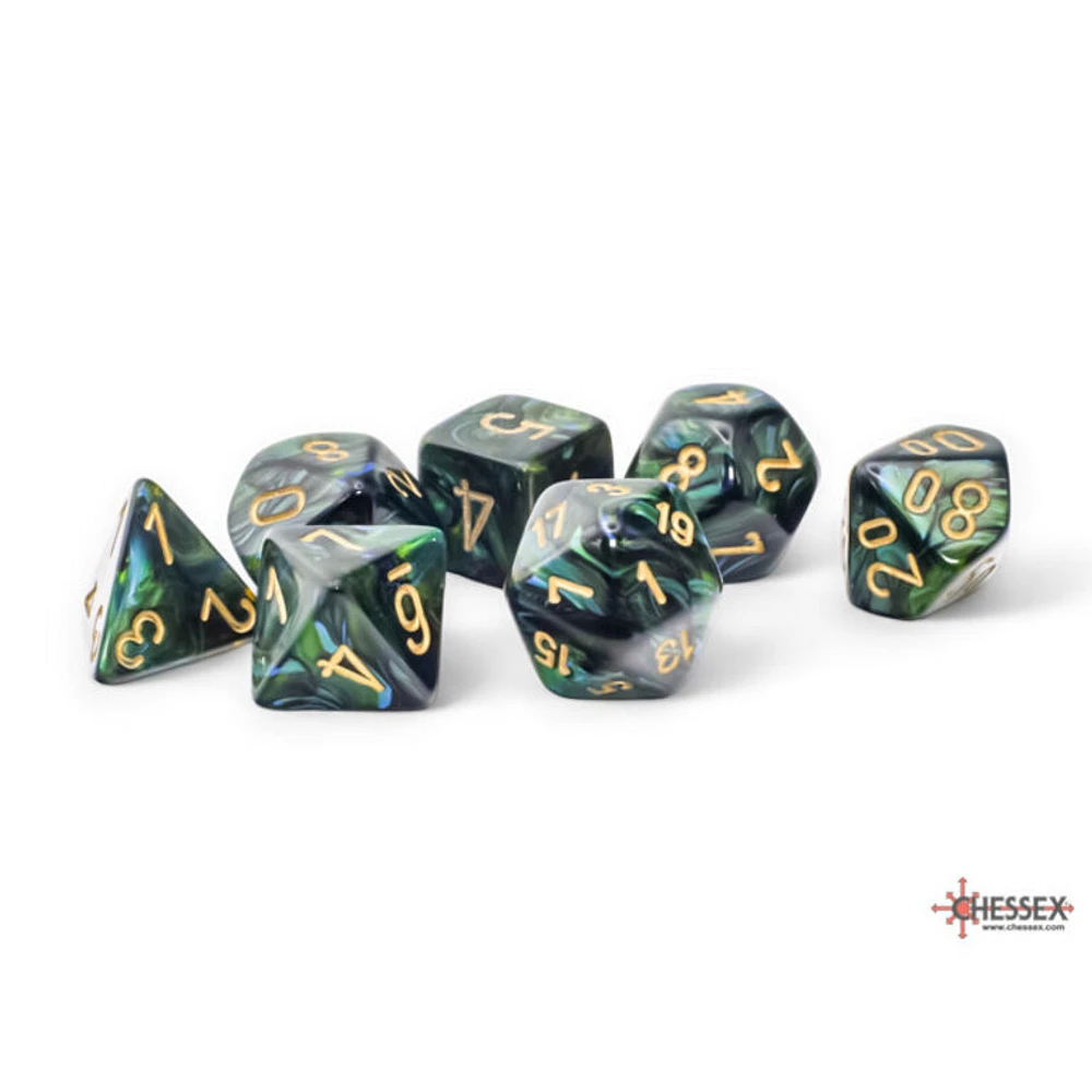 7 dés polyédriques Scarab - Ja avec chiffres dorés - Méga-Hedral