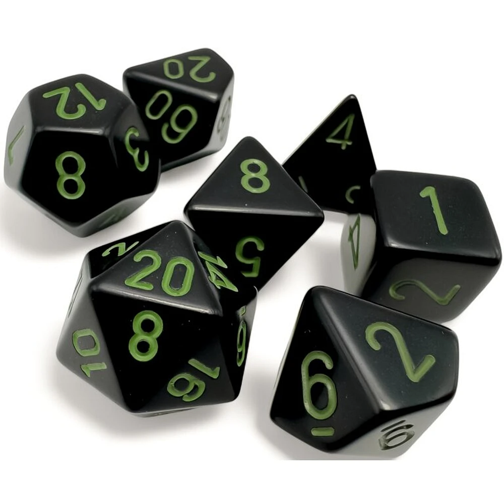 7 dés polyédriques opaques noir avec chiffres verts