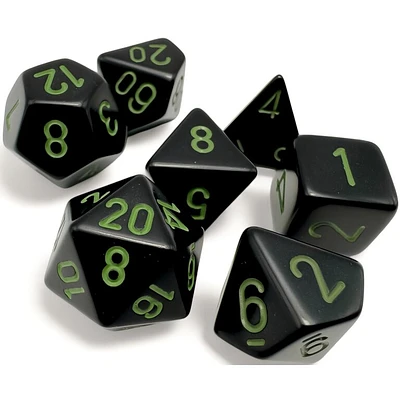 7 dés polyédriques opaques noir avec chiffres verts